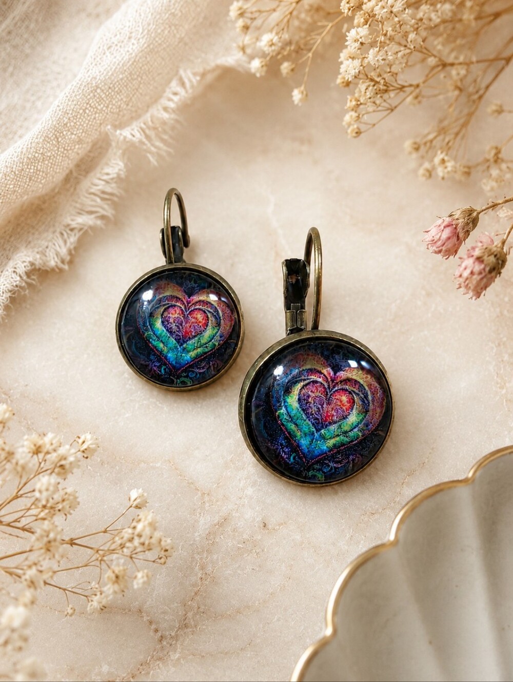Vintage Bronze Tone Heart Earrings | Colorful Boho Dangle Earrings